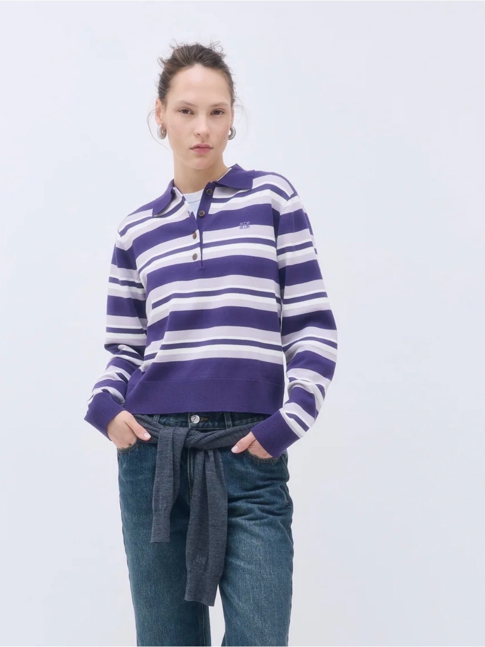 De Rococo Striped Purple and White Knit Polo Sweater